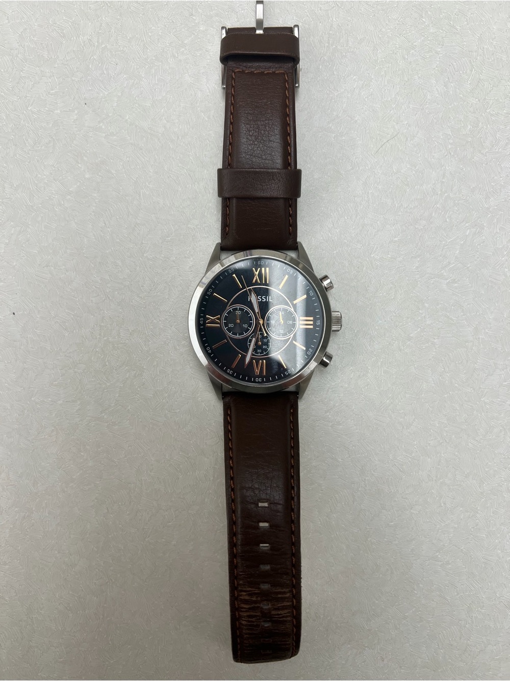 Fossil Brown Leather Strap Watch with Black Dial and Rose-Gold Accents